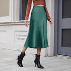 Jupe mi-longue en satin taille haute, automne-hiver, femme, fermeture éclair.