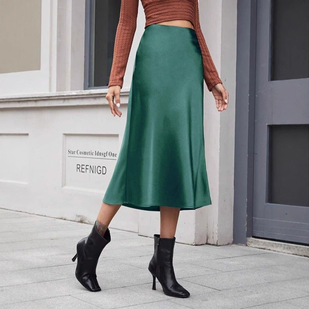 Jupe mi-longue en satin taille haute, automne-hiver, femme, fermeture éclair.