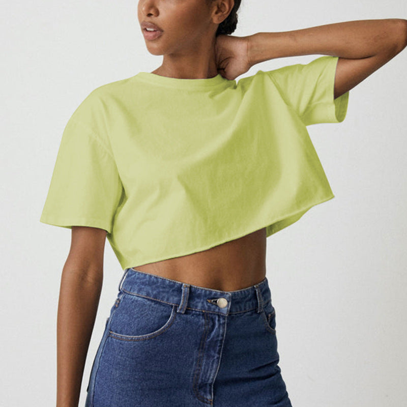 Sexy Short Sleeved T shirt Women Summer Pure Cotton Solid Color Short Cropped round Neck Sports Top JilSung