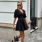 Women Clothing Summer French Puff Sleeve High Waist A line Dress Sexy V neck Waist Black Dress Kigali