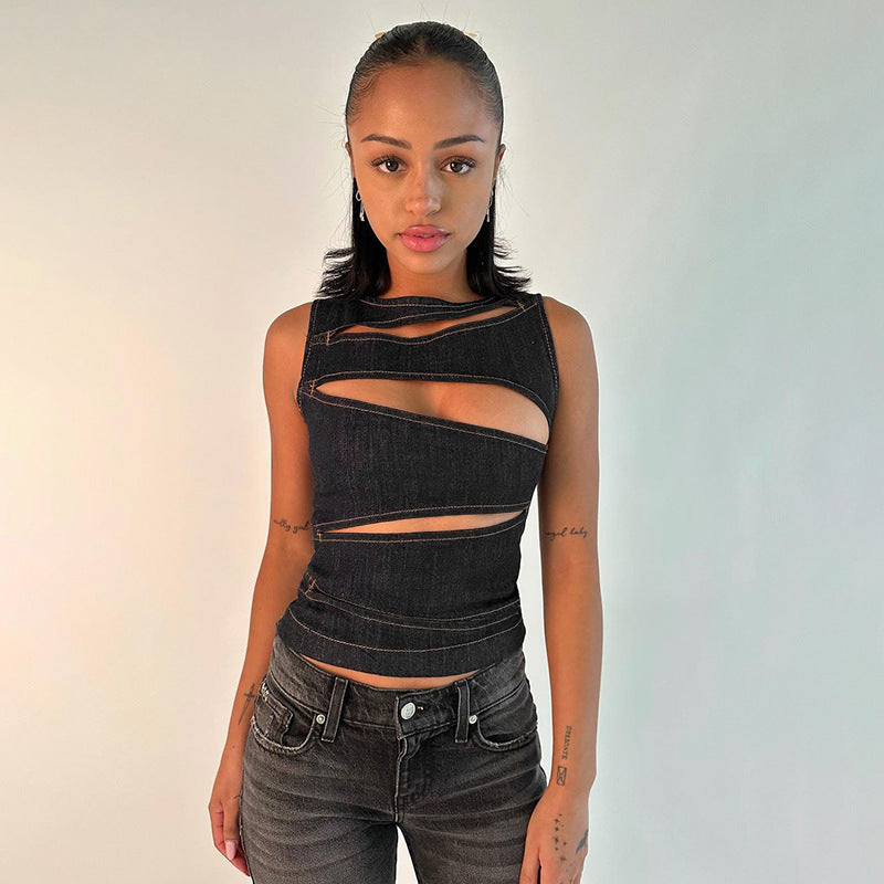 Summer Women Clothing Sexy Cutout Imitation Denim Vest Top for Women FREYA