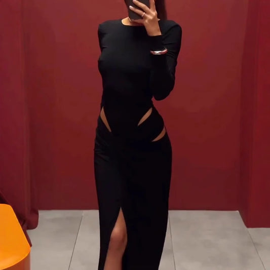 Women Clothing Spring Graceful Fashionable Long Sleeve Hollow Out Cutout Solid Color Dress