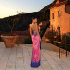 Robe élégante à col diagonal et dos nu pour femme, imprimée, coupe ajustée et fendue