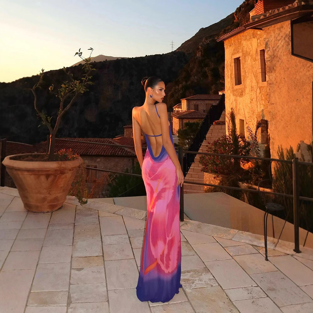 Robe élégante à col diagonal et dos nu pour femme, imprimée, coupe ajustée et fendue