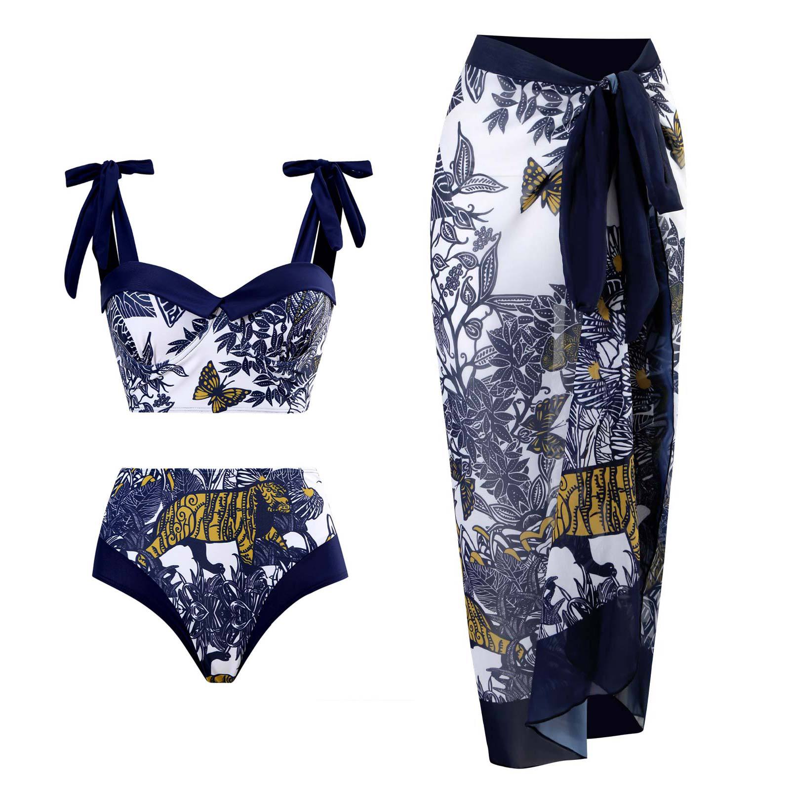 Traje de baño retro dividido de tres piezas, traje de baño con cordones y falda de playa