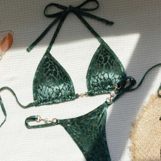 Traje de baño bikini sexy con estampado de leopardo y perlas en forma de T