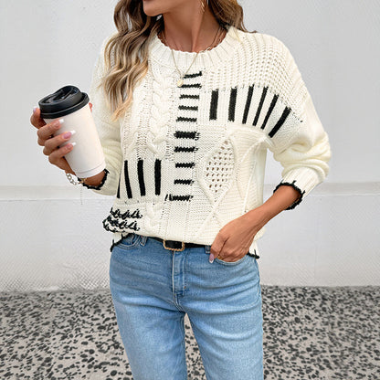 Autumn Winter Retro round Neck Long Sleeve Striped Contrast Color Sweater Women
