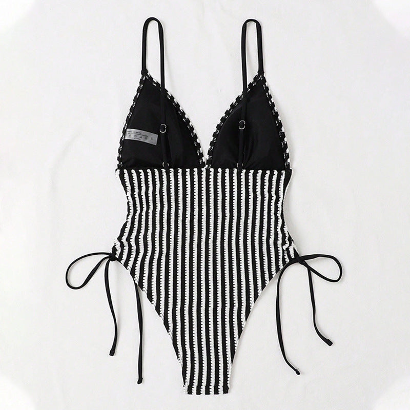 Striped One Piece Swimsuit Lace up Backless Sexy Bikini Swimsuit