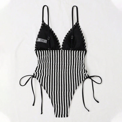 Striped One Piece Swimsuit Lace up Backless Sexy Bikini Swimsuit