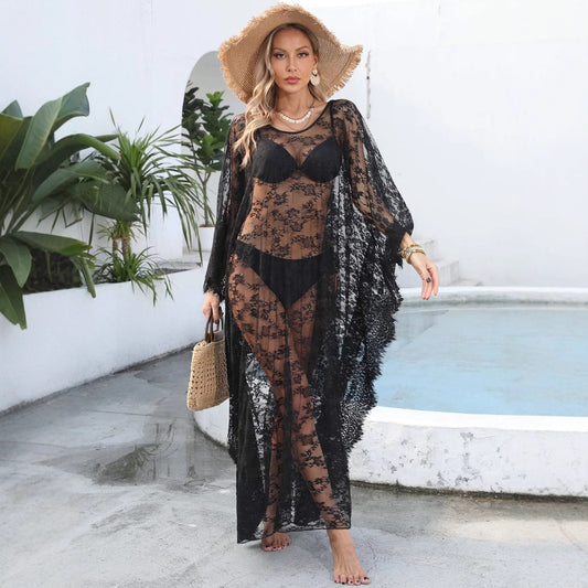Women Beach Dress Loose Sexy Backless See through Lace Dress