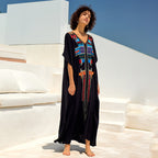 Robe longue ample brodée en rayonne, veste de plage, robe longue de vacances, cache-maillot de plage