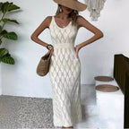 Spring Summer Sexy Hollow Out Cutout out See through Vacation Solid Color Backless Knitted Dress for Women MINODI