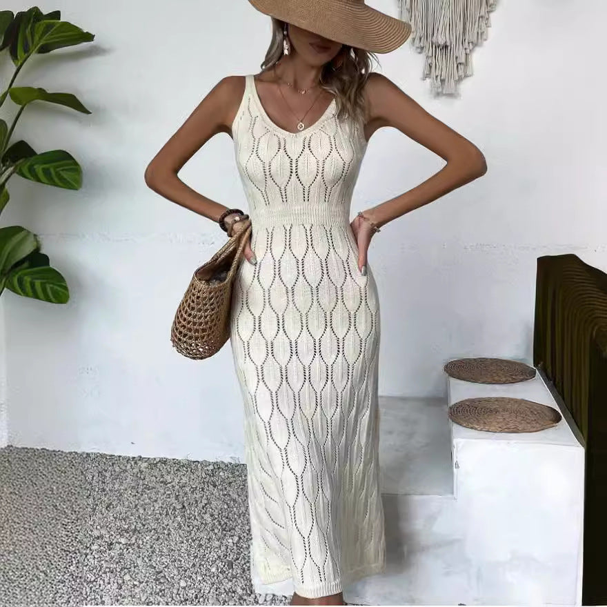 Spring Summer Sexy Hollow Out Cutout out See through Vacation Solid Color Backless Knitted Dress for Women MINODI