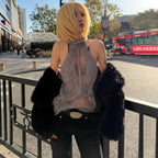 Women Clothing Summer Fashionable Chic High Neck Lace See Through Sleeveless Backless Irregular Asymmetric Top Burgatti