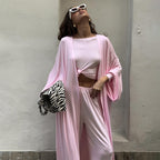 Pyjama d'été trois pièces tricoté, haut et pantalon de couleur unie, ample et confortable, vêtements de maison