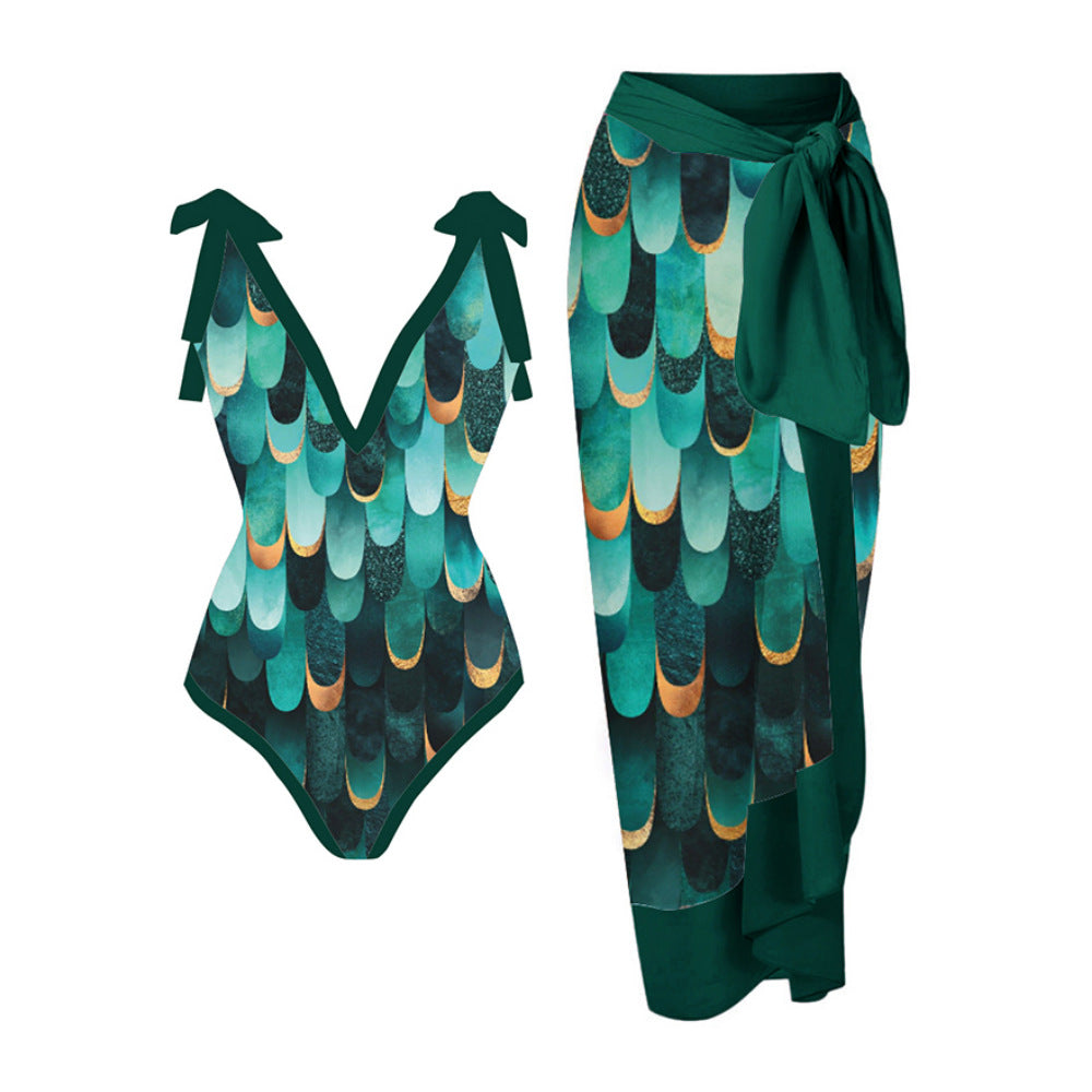Traje de baño de dos piezas con falda de gasa y estampado multicolor para mujer, antiexposición y protección solar.
