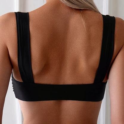 Traje de baño de bikini sexy en forma de U con tirantes de color sólido Traje de baño de bikini Parte superior sin forro