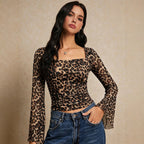 Women Clothing Square Collar Leopard Print Mesh Long Sleeved T shirt Women Bell Sleeve Waist Tight Slim Fit Top Yiskiss