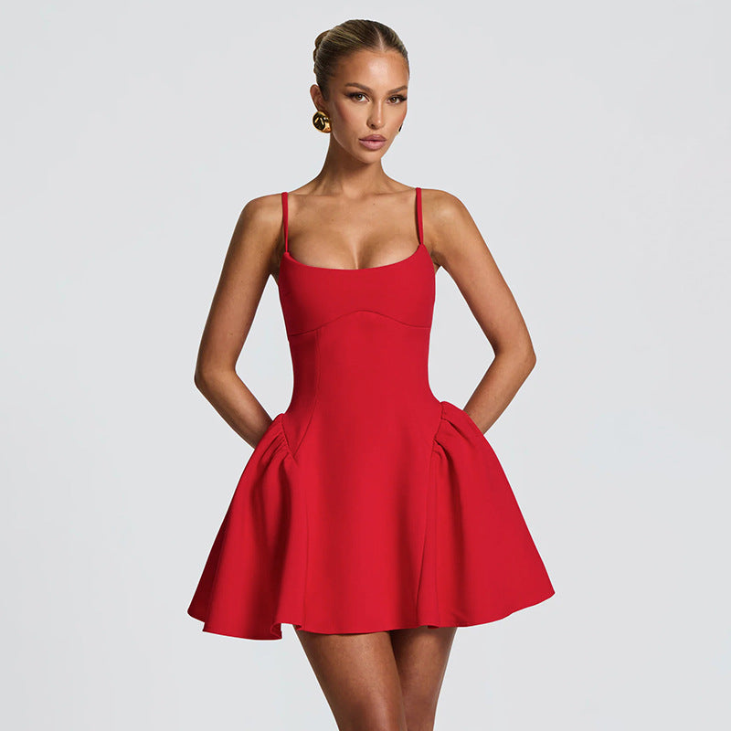 Autumn Winter Ballet Solid Color Camisole Backless a Swing Little Dress COORAL