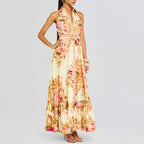 Retro Elegance Floral Printed Dress Summer Waist Slimming Sleeveless Lace up Dress Ory
