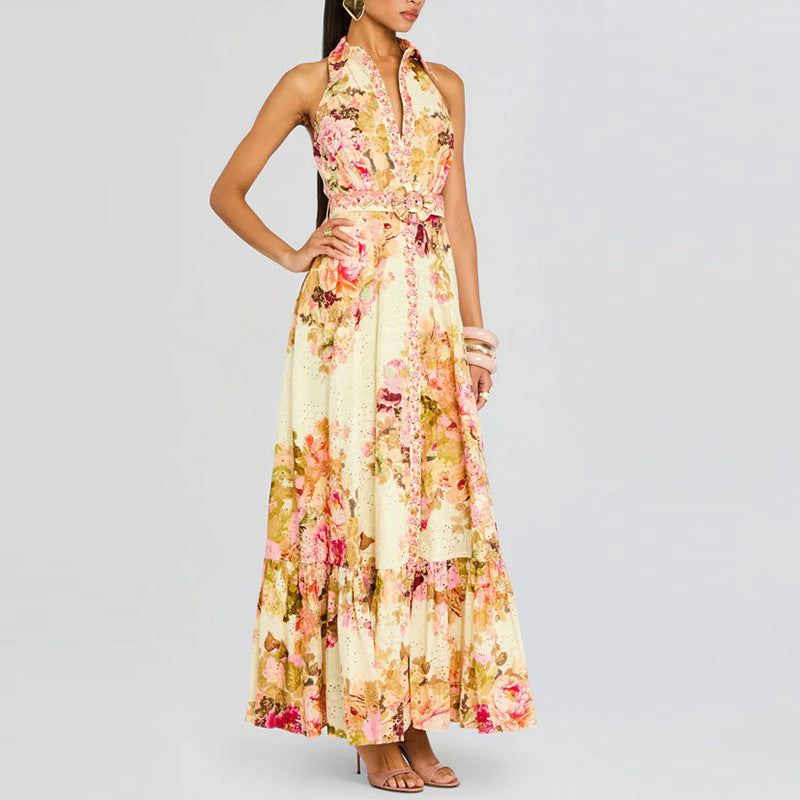 Retro Elegance Floral Printed Dress Summer Waist Slimming Sleeveless Lace up Dress Ory