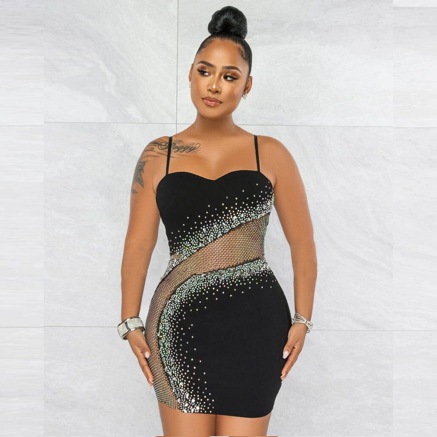 Sexy Slim-Fit Mesh Rhinestone Strap Dress WINNIEYA