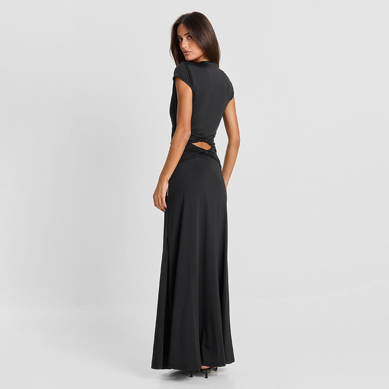 Women Clothing Autumn Solid Color Casual Short Sleeve Hollow Out Cutout Out Deep V Bare Cropped Slim Fit Maxi Dress HONEYBADGER