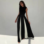 Elegant round Neck Sleeveless Waist Color Contrast Patchwork Dress Evening Dress Women Dress Venly