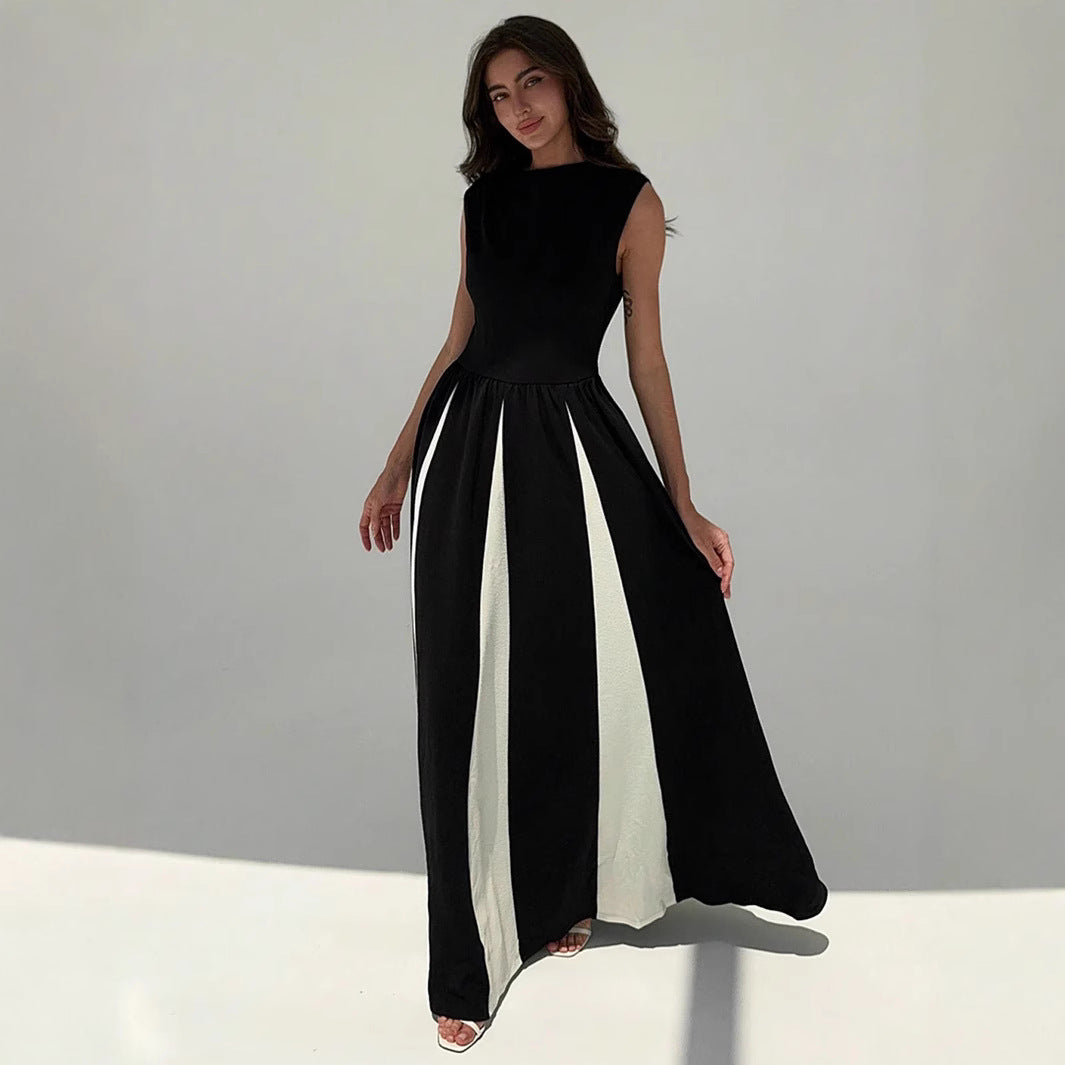 Elegant round Neck Sleeveless Waist Color Contrast Patchwork Dress Evening Dress Women Dress Venly