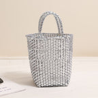 Bolsa de cesta para verduras portátil, color dorado y plateado, de gran capacidad, color sólido, para llevar a mano, para playa y vacaciones. 