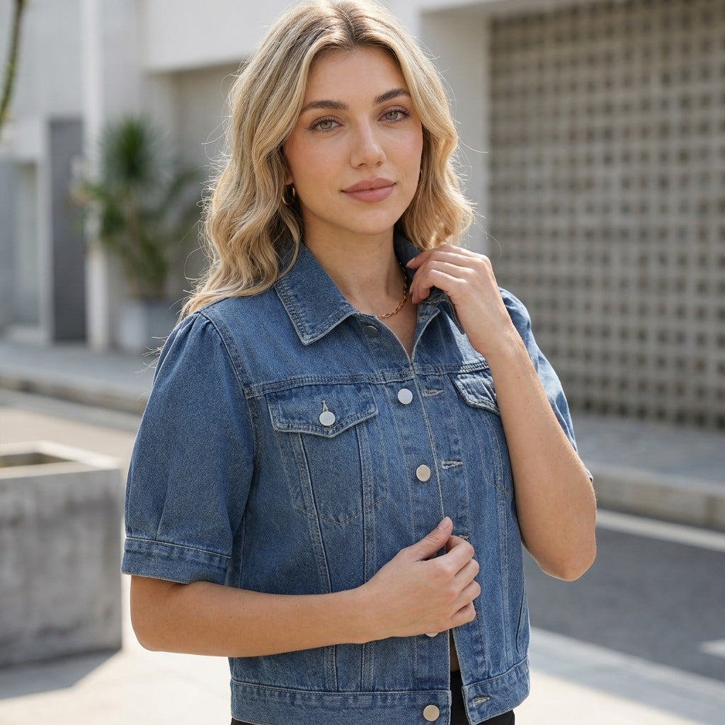 Collared Bubble Sleeve Single Breasted Pocket Design Washed Denim Short Sleeve Jacket Women MANNY