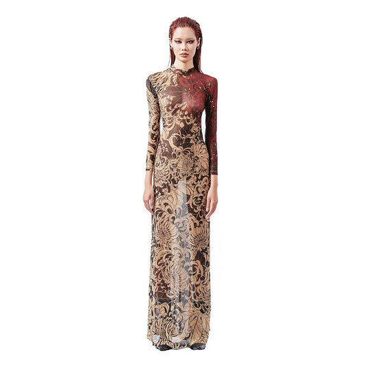 Women Clothing Spring Retro Mesh Personalized Printed Turtleneck Slim Slimming Dress for Women