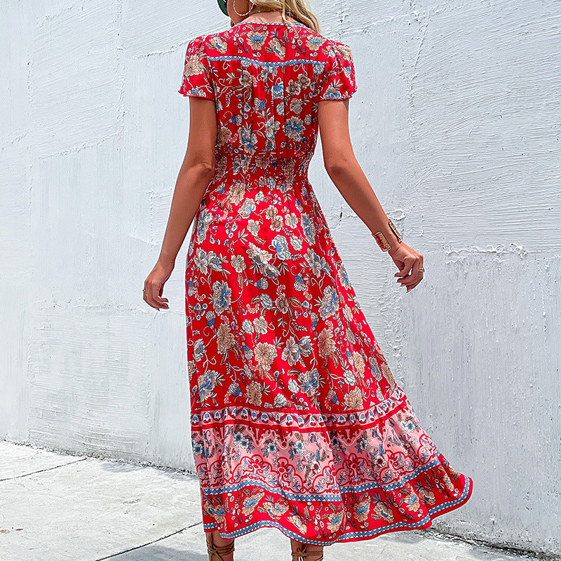 Women Summer Ethnic Holiday Dress V neck Tight Waist Petal Sleeve Mid Length Split Dress Jeme