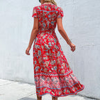Women Summer Ethnic Holiday Dress V neck Tight Waist Petal Sleeve Mid Length Split Dress Jeme