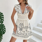 Summer Smocking Short Dress Casual Lotus Leaf Stitching Vacation Printing Dress Jeme