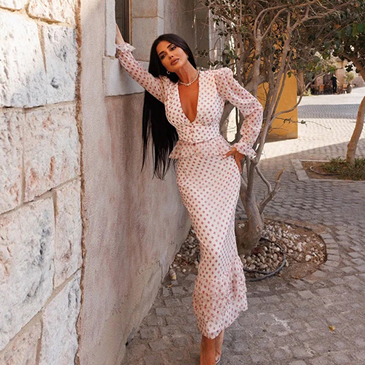 Women Clothing V neck Long Sleeve Waist-Controlled Top Printed Two Piece Skirt Set Kigali