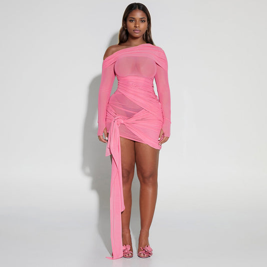 Spring Summer Women Wear Off Neck Design Sexy Pleated Dress Dopamine Sexy