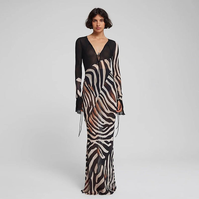 Summer Color Contrast Printed Sexy V neck Mesh Long Sleeve Dress Cecil