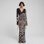 Summer Color Contrast Printed Sexy V neck Mesh Long Sleeve Dress Cecil