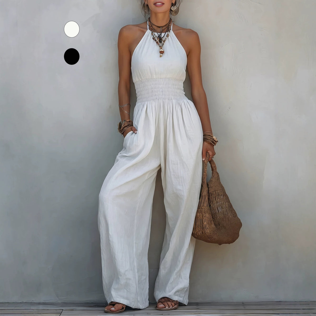 Bohemian Jumpsuit Sexy Sleeveless Strap Halter Casual Wide Leg Trousers Venly