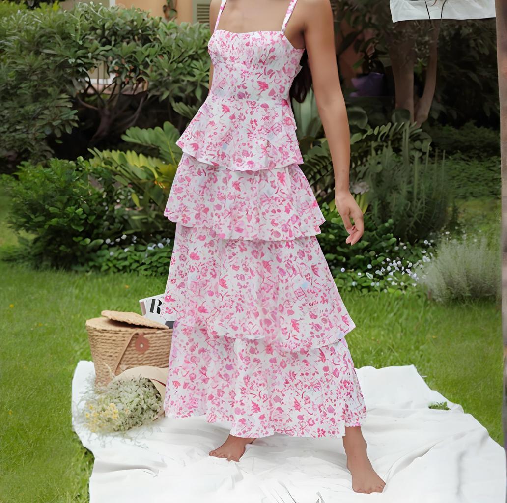 Spring Summer Women Sexy Strap Mid Length Floral Dress CONY