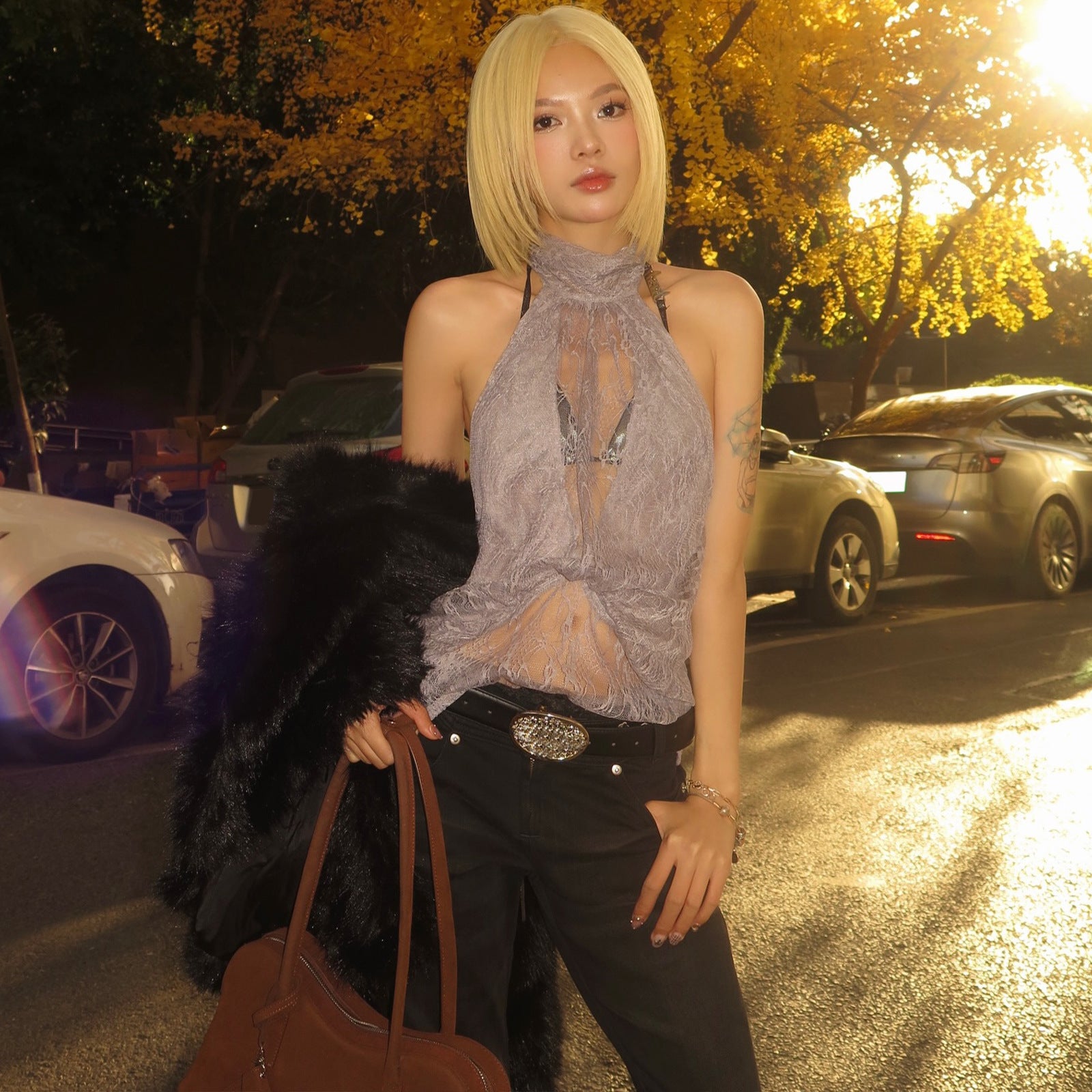 Women Clothing Summer Fashionable Chic High Neck Lace See Through Sleeveless Backless Irregular Asymmetric Top Burgatti