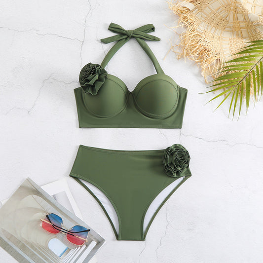 Traje de baño de dos piezas con cuello halter, encaje y parte superior de tubo, bikini de cintura alta para mujer, bikini de color liso