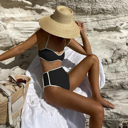 Bikini de cintura alta con costuras para mujer, traje de baño sexy dividido