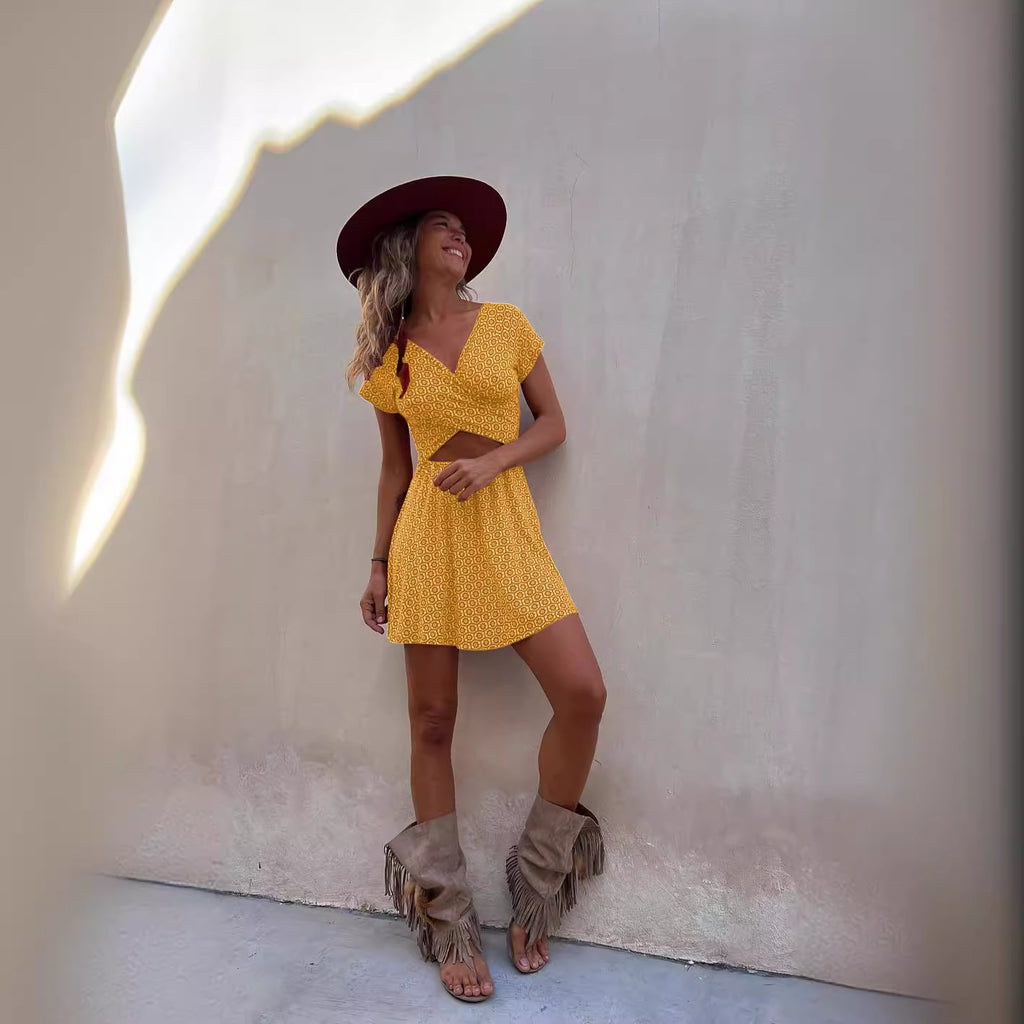 Summer Short Sleeve Two Sided Wear Printed Short Dress Gemi