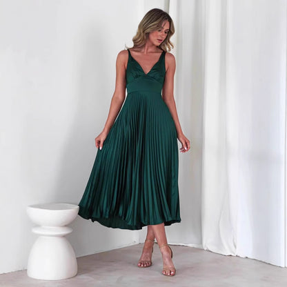 Summer Women Clothing Solid Color Pleated Sexy V neck Strap Dress