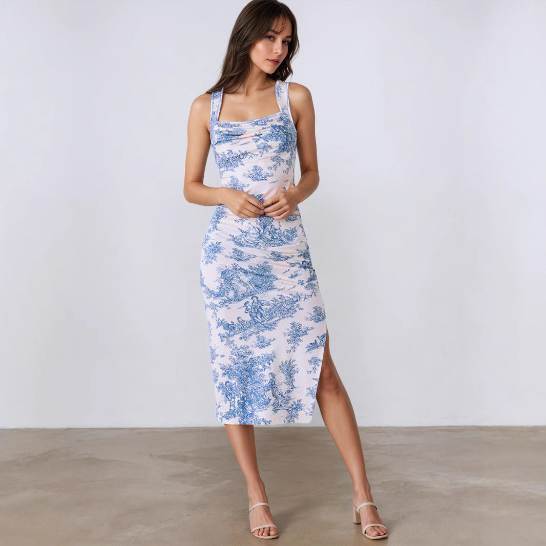 Summer Fresh Maxi Dress Square Collar Slimming Side Slit Sling Dress George