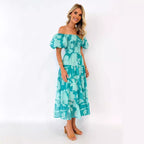 Summer Women Clothing off Neck Chiffon Puff Sleeve Layered Waist Trimming Printing Dress XINXI