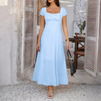 Spring Summer Elegant Solid Color Tied Pleating Puff Sleeve French Dress Women Clothing Dee