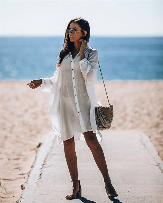Camisa de bambú de un solo pecho para playa, protección solar, falda informal para vacaciones en la playa